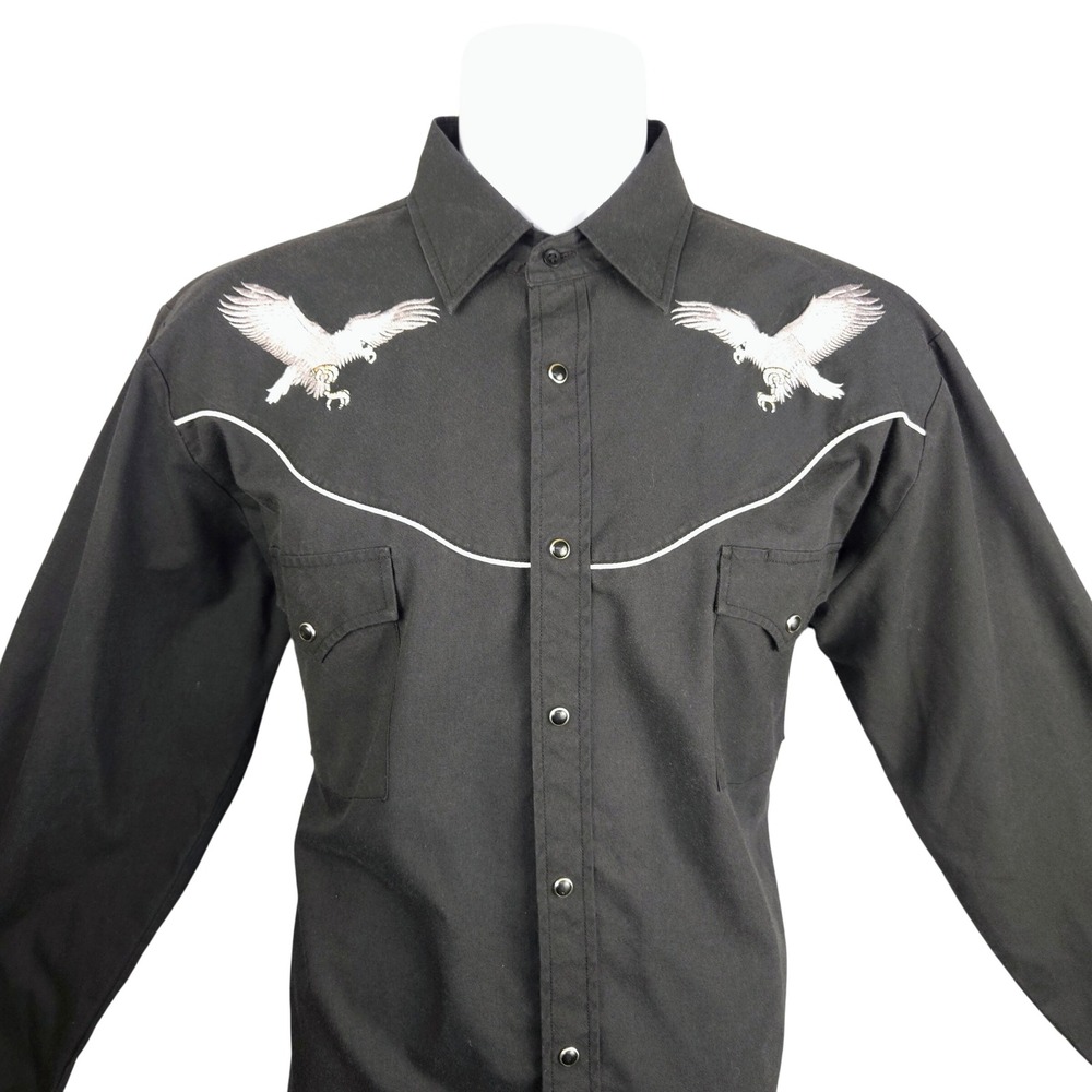 Ely Diamond Mens Western Shirt Black‎ Eagle Embroidery Pearl Snap L Long Sleeve